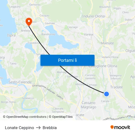 Lonate Ceppino to Brebbia map