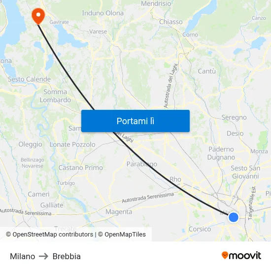 Milano to Brebbia map