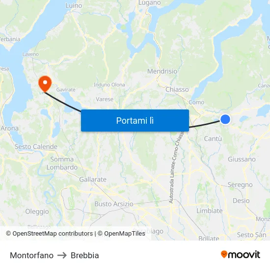 Montorfano to Brebbia map