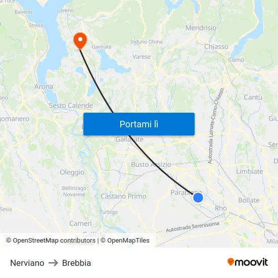 Nerviano to Brebbia map