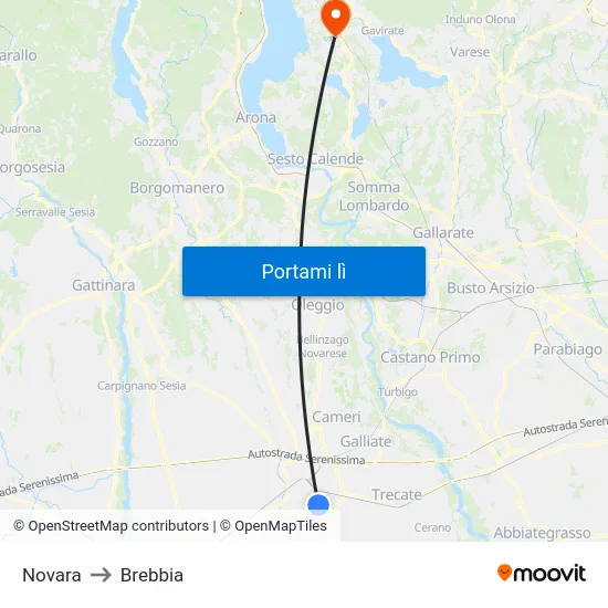 Novara to Brebbia map