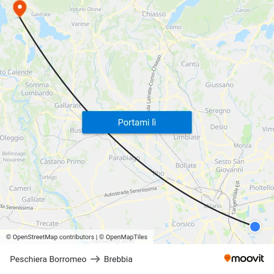Peschiera Borromeo to Brebbia map