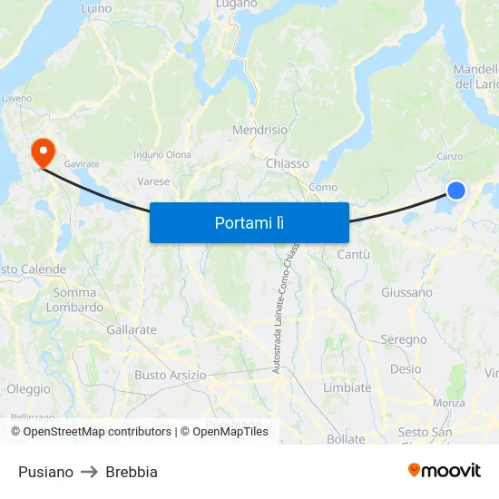 Pusiano to Brebbia map