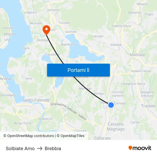 Solbiate Arno to Brebbia map