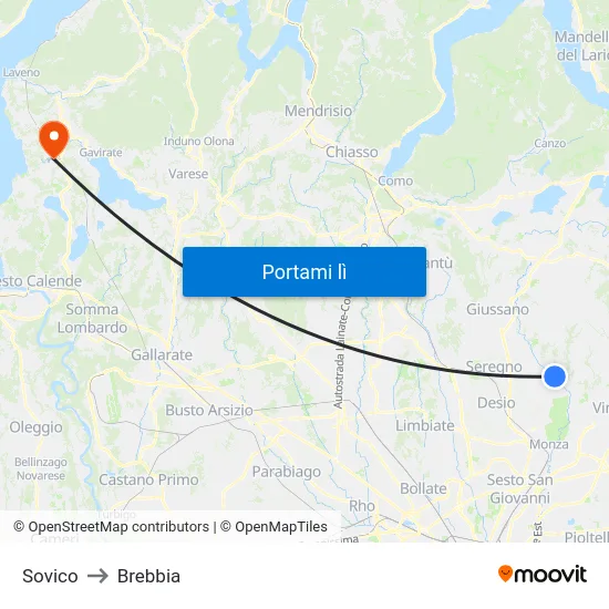Sovico to Brebbia map