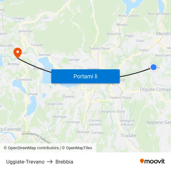 Uggiate-Trevano to Brebbia map