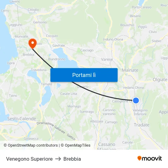 Venegono Superiore to Brebbia map