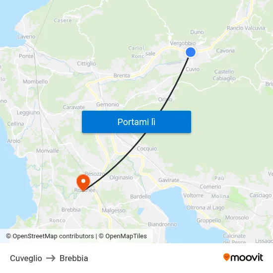 Cuveglio to Brebbia map