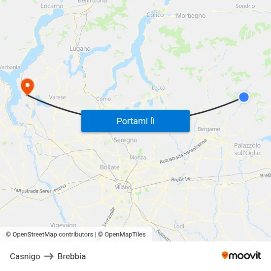 Casnigo to Brebbia map