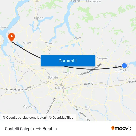 Castelli Calepio to Brebbia map