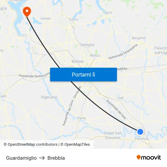 Guardamiglio to Brebbia map