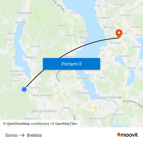 Soriso to Brebbia map