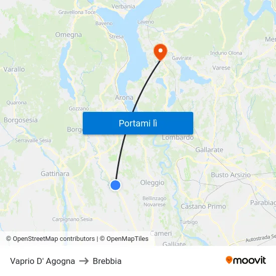 Vaprio D' Agogna to Brebbia map