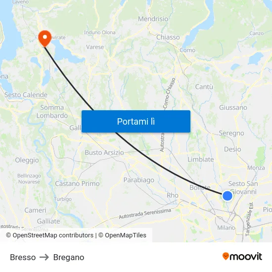 Bresso to Bregano map