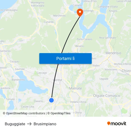 Buguggiate to Brusimpiano map