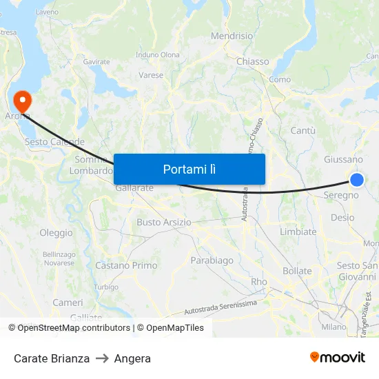 Carate Brianza to Angera map
