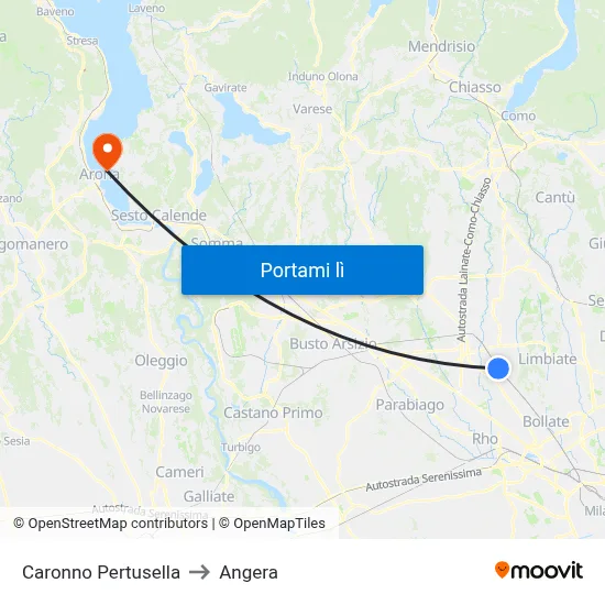 Caronno Pertusella to Angera map
