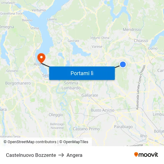 Castelnuovo Bozzente to Angera map