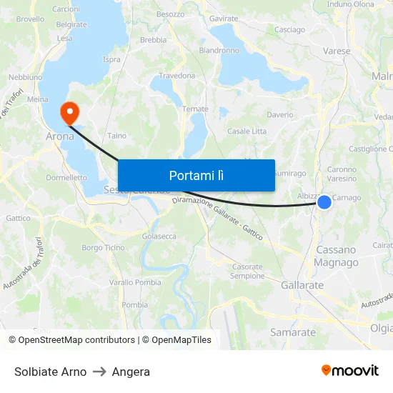 Solbiate Arno to Angera map