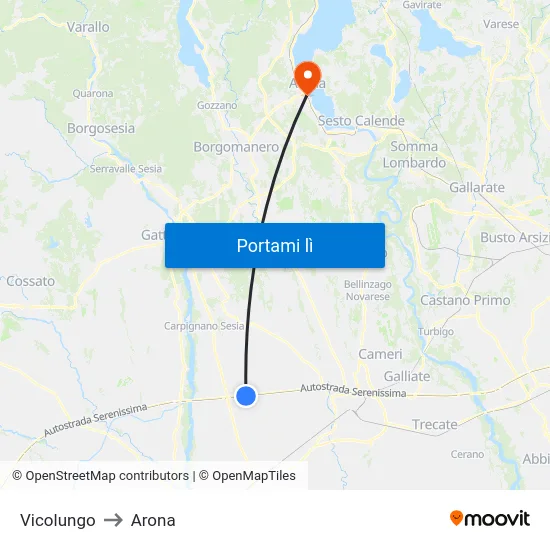 Vicolungo to Arona map