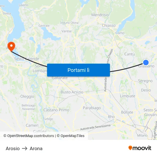 Arosio to Arona map