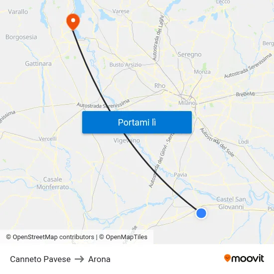 Canneto Pavese to Arona map
