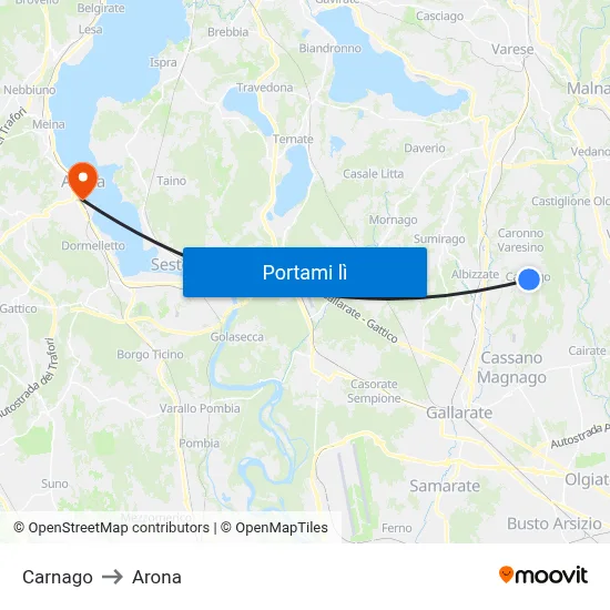 Carnago to Arona map