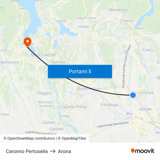 Caronno Pertusella to Arona map