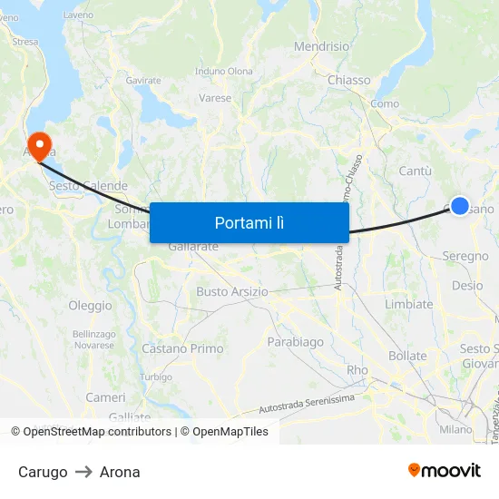 Carugo to Arona map