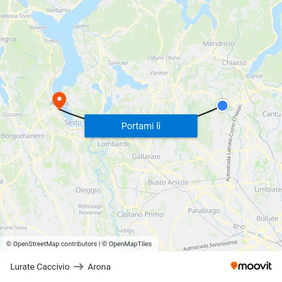 Lurate Caccivio to Arona map
