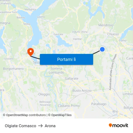 Olgiate Comasco to Arona map