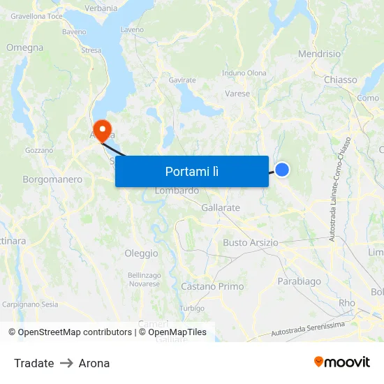 Tradate to Arona map