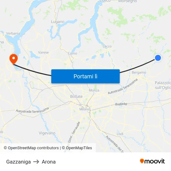 Gazzaniga to Arona map