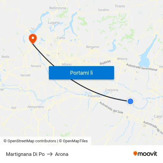 Martignana Di Po to Arona map