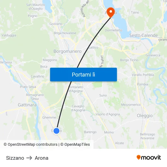 Sizzano to Arona map