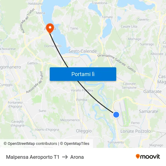 Malpensa Aeroporto T1 to Arona map