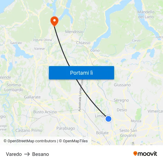 Varedo to Besano map