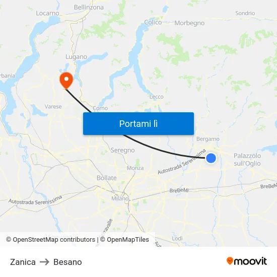 Zanica to Besano map