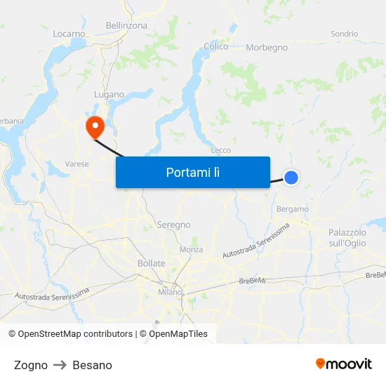 Zogno to Besano map