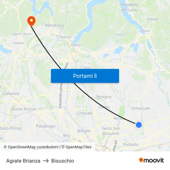 Agrate Brianza to Bisuschio map