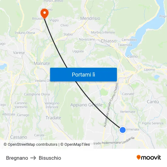 Bregnano to Bisuschio map