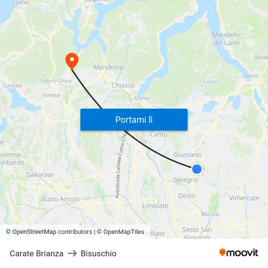 Carate Brianza to Bisuschio map