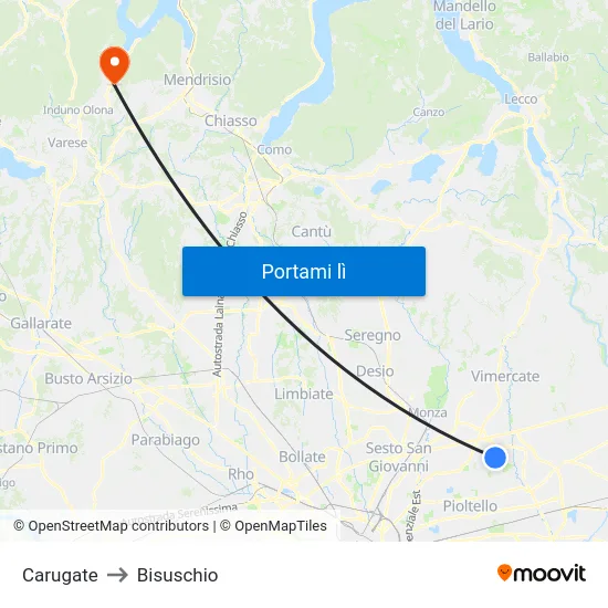 Carugate to Bisuschio map