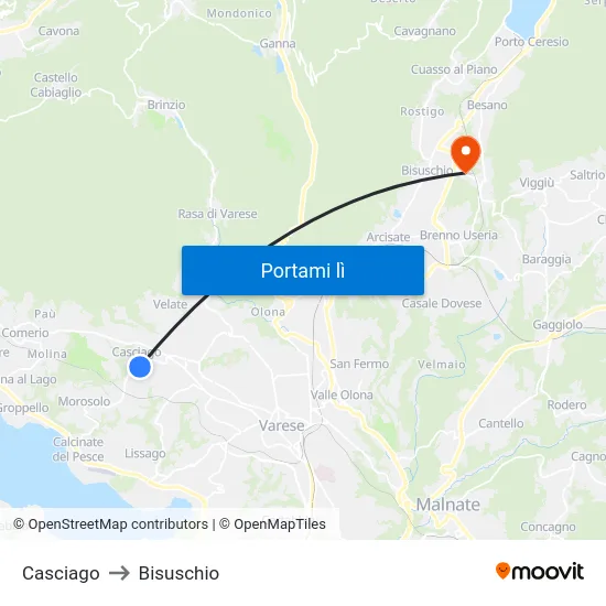 Casciago to Bisuschio map