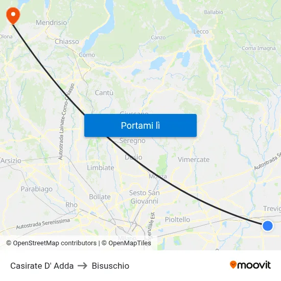 Casirate D' Adda to Bisuschio map