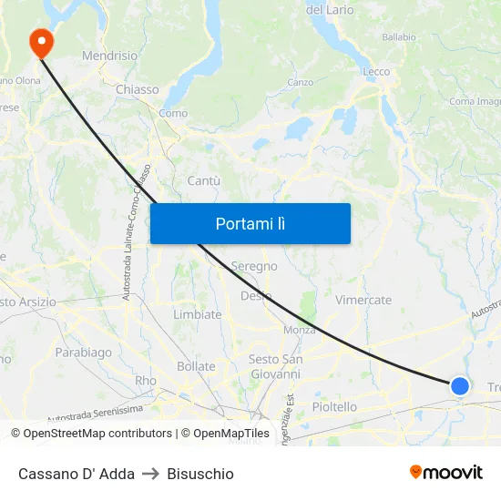 Cassano D' Adda to Bisuschio map