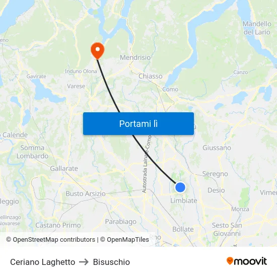 Ceriano Laghetto to Bisuschio map