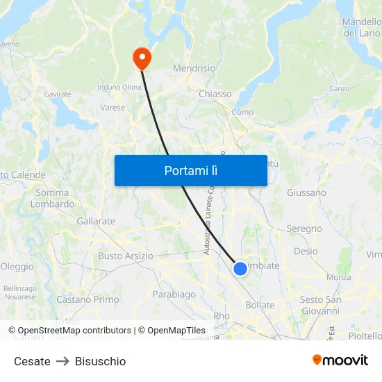 Cesate to Bisuschio map