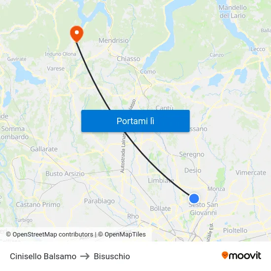 Cinisello Balsamo to Bisuschio map