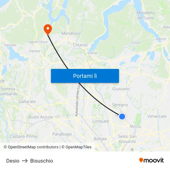 Desio to Bisuschio map